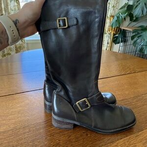 Brown Leather Knee-High Boots with Buckles